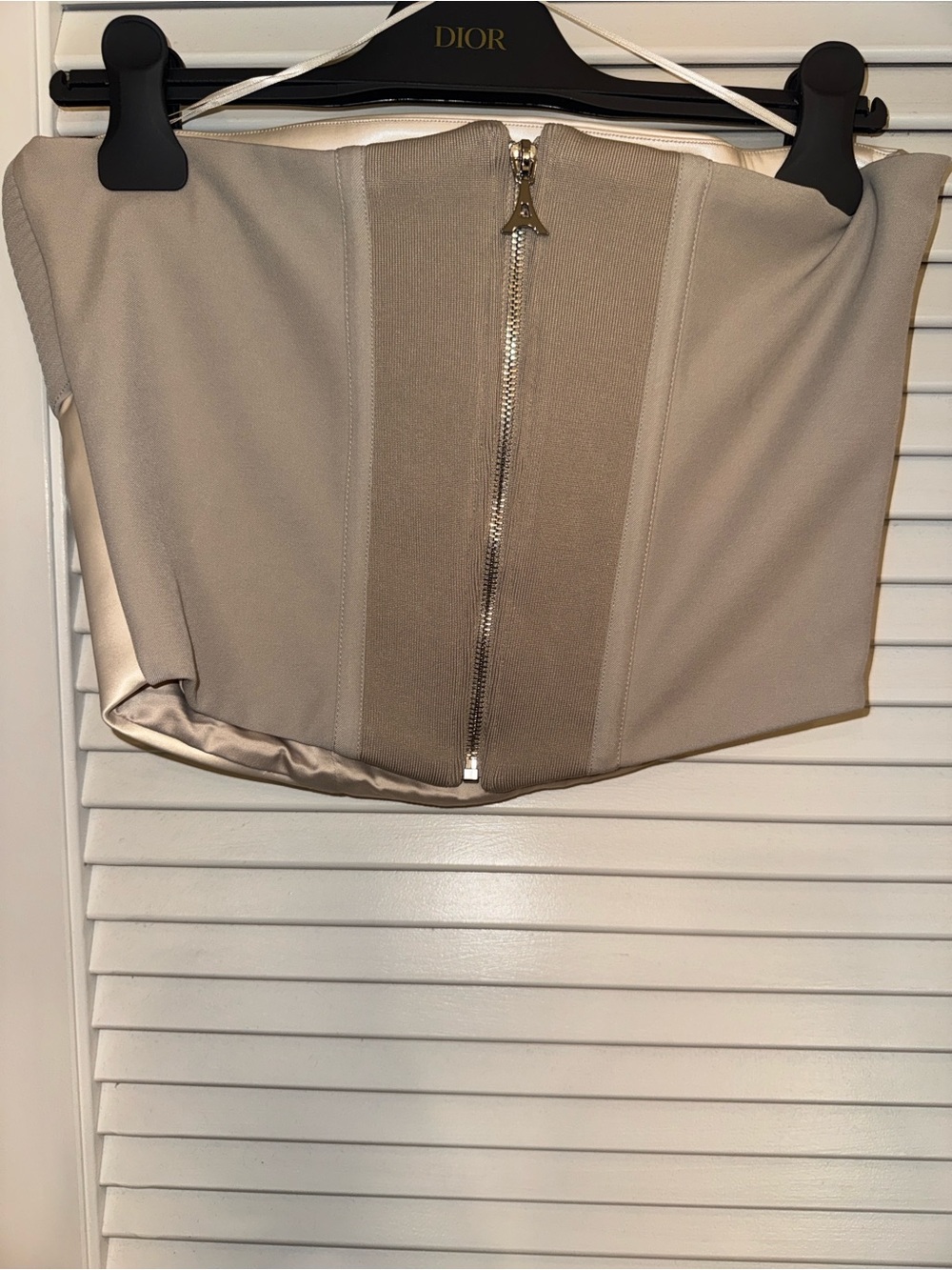 Maniere De Voir Strapless Satin Bustier in Pearl and Taupe - Picture 2 of 4